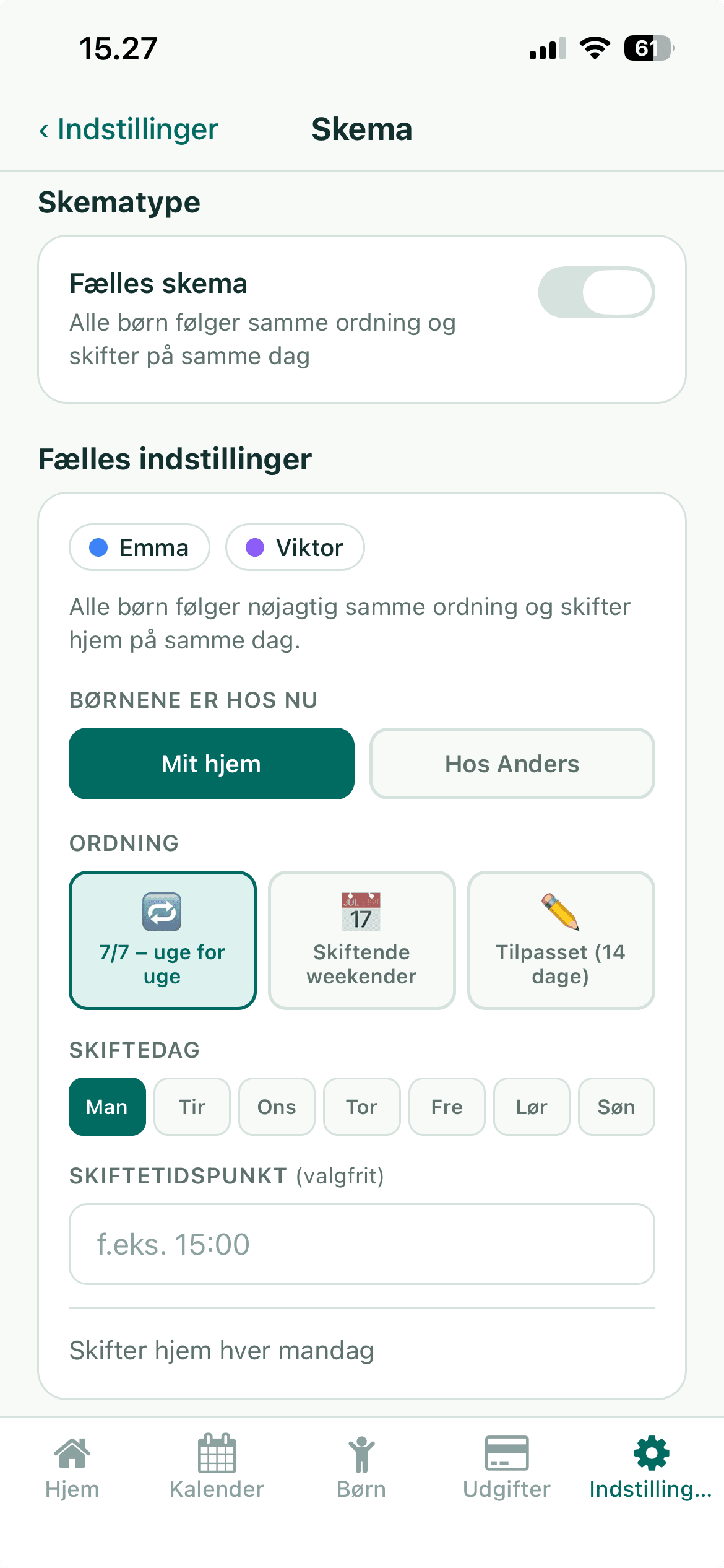 Skiftedage-kalender i To Hjem-appen